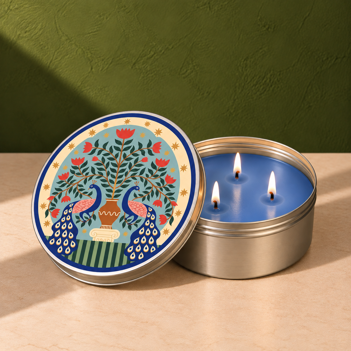Festive Pack of 6 Tin Candles - Peacock