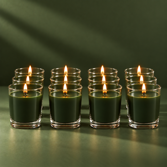 Festive Filled Glass Votive Candles Green - Pack of 12 (Unscented)